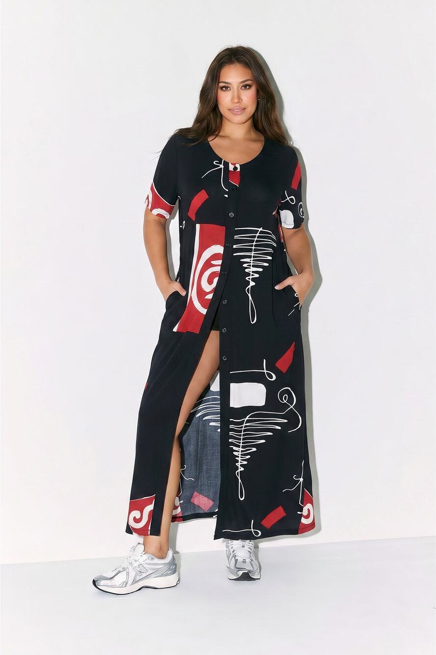 Duster Maxi Top Women Size S M Vintage 90s Tropical Tantrum Abstract Print Slits